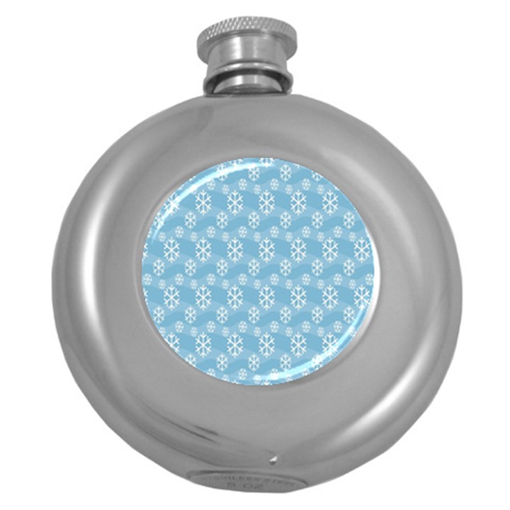 Snowflakes, White Blue Round Hip Flask (5 oz)