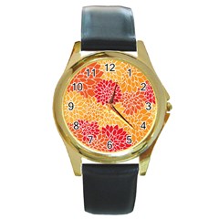 Background Colorful Floral Round Gold Metal Watch by artworkshop