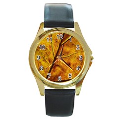 Leaf Leaf Veins Fall Round Gold Metal Watch by artworkshop