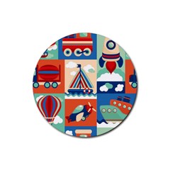 Toy Transport Cartoon Seamless-pattern-with-airplane-aerostat-sail Yacht Vector Illustration Rubber Coaster (round) by Jancukart