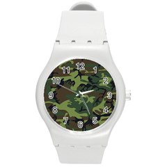 Green Brown Camouflage Round Plastic Sport Watch (m) by nateshop