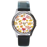 Watercolor-autumn-leaves-pattern-vector Round Metal Watch