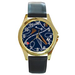 Chains Seamless Pattern Round Gold Metal Watch