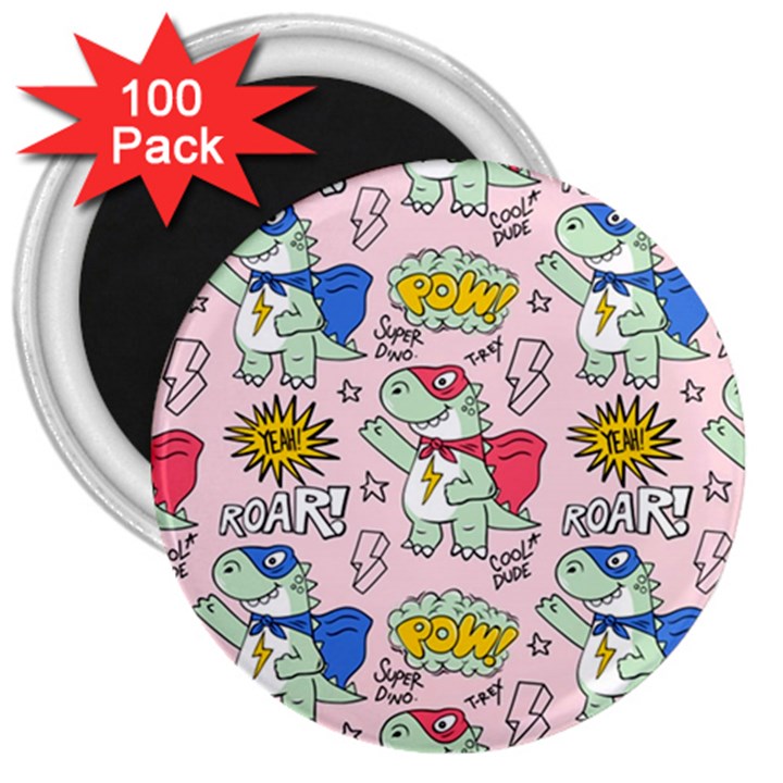 Seamless Pattern With Many Funny Cute Superhero Dinosaurs T-rex Mask Cloak With Comics Style 3  Magnets (100 pack)