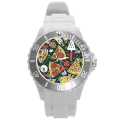 Vector Seamless Pizza Slice Pattern Hand Drawn Pizza Illustration Great Pizzeria Menu Background Round Plastic Sport Watch (l)