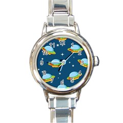 Seamless Pattern Ufo With Star Space Galaxy Background Round Italian Charm Watch by Wegoenart