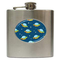 Seamless Pattern Ufo With Star Space Galaxy Background Hip Flask (6 Oz) by Wegoenart