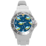 Seamless Pattern Ufo With Star Space Galaxy Background Round Plastic Sport Watch (L)