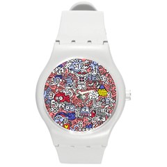 Hand-drawn-vector-illustration-doodle-funny-world-illustrator-line-tools-drawing-flat-design Round Plastic Sport Watch (m) by Wegoenart