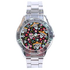 Day Dead Skull With Floral Ornament Flower Seamless Pattern Stainless Steel Analogue Watch by Wegoenart