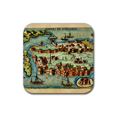 Medeival Ancient Map Fortress Island Seaport Town Rubber Coaster (square) by Wegoenart