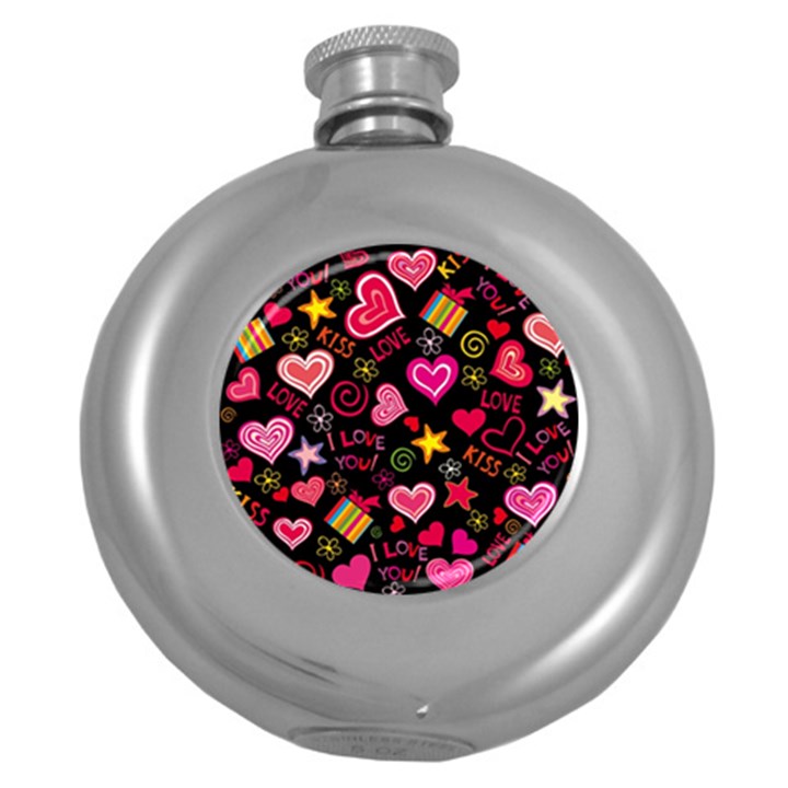 Multicolored Wallpaper, Love Vector Hearts Background Romantic Round Hip Flask (5 oz)