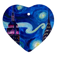 Starry Night In New York Van Gogh Manhattan Chrysler Building And Empire State Building Heart Ornament (two Sides) by danenraven