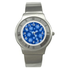 Snowflakes And Star Patterns Blue Snow Stainless Steel Watch by artworkshop