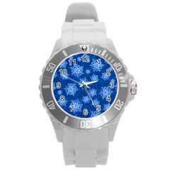Snowflakes And Star Patterns Blue Snow Round Plastic Sport Watch (l) by artworkshop