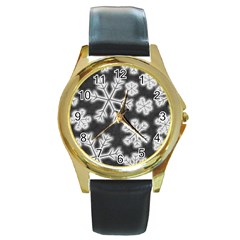 Snowflakes And Star Patterns Grey Frost Round Gold Metal Watch by artworkshop