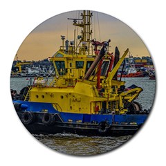 Tugboat Sailing At River, Montevideo, Uruguay Round Mousepad by dflcprintsclothing