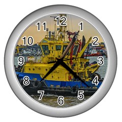 Tugboat Sailing At River, Montevideo, Uruguay Wall Clock (silver) by dflcprintsclothing