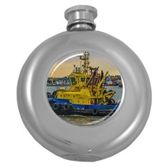 Tugboat Sailing At River, Montevideo, Uruguay Round Hip Flask (5 Oz) by dflcprintsclothing
