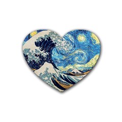 The Great Wave Of Kanagawa Painting Starry Night Vincent Van Gogh Rubber Heart Coaster (4 Pack) by danenraven