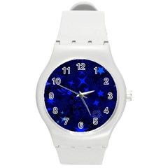 Blue Stars Repeating Pattern Round Plastic Sport Watch (m) by Ravadineum