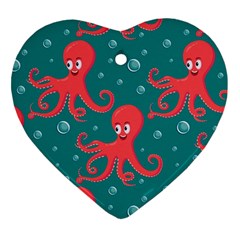 Cute Smiling Red Octopus Swimming Underwater Heart Ornament (two Sides)