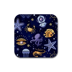 Marine Seamless Pattern Thin Line Memphis Style Rubber Square Coaster (4 Pack)