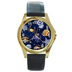 Marine Seamless Pattern Thin Line Memphis Style Round Gold Metal Watch