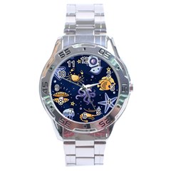 Marine Seamless Pattern Thin Line Memphis Style Stainless Steel Analogue Watch