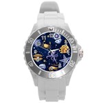 Marine Seamless Pattern Thin Line Memphis Style Round Plastic Sport Watch (L)