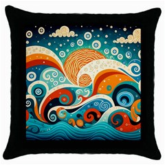 Waves Ocean Sea Abstract Whimsical (3) Throw Pillow Case (black)