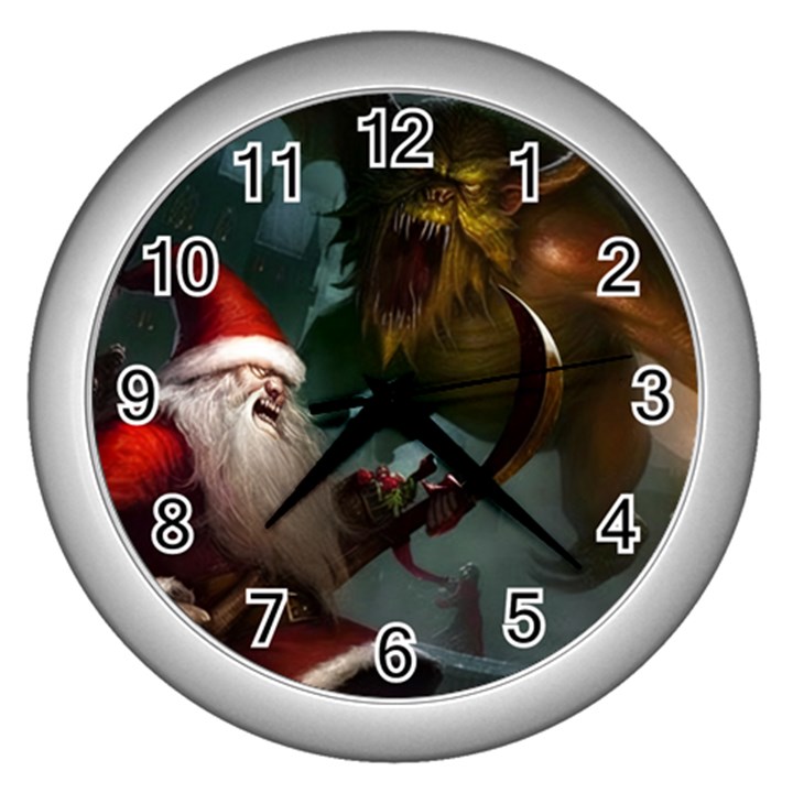 A Santa Claus Standing In Front Of A Dragon Wall Clock (Silver)