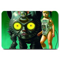 Little Girl With Cyborg Kitten Large Doormat by EmporiumofGoods