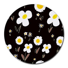 Daisy Flowers White Yellow Black  Round Mousepad by Mazipoodles