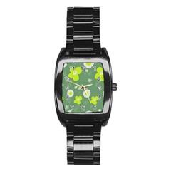 Daisy Flowers Lime Green White Forest Green  Stainless Steel Barrel Watch by Mazipoodles