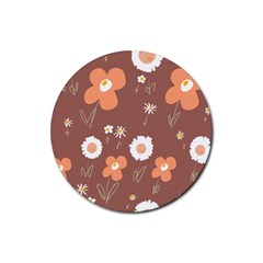 Daisy Flowers Coral White Green Brown  Rubber Coaster (round) by Mazipoodles