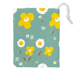 Daisy Flowers Yellow White Brown Sage Green  Drawstring Pouch (5xl) by Mazipoodles