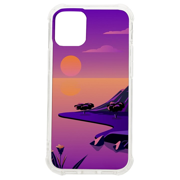 Sunset Sea Ocean Purple Pink Flowers Stone iPhone 12 mini TPU UV Print Case	
