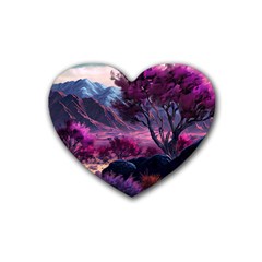 Landscape Landscape Painting Purple Purple Trees Rubber Heart Coaster (4 Pack)