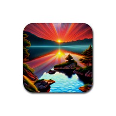 Sunset Over A Lake Rubber Coaster (square) by GardenOfOphir