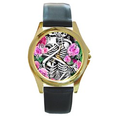 Floral Skeletons Round Gold Metal Watch by GardenOfOphir