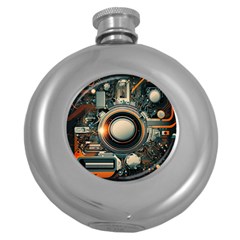 Illustrations Technology Robot Internet Processor Round Hip Flask (5 Oz)