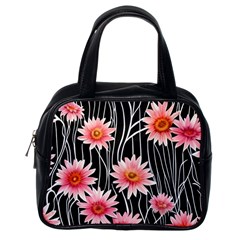 Botanical Black Pink Flowers Pattern Classic Handbag (one Side) by GardenOfOphir