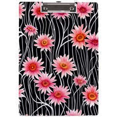 Botanical Black Pink Flowers Pattern A4 Acrylic Clipboard by GardenOfOphir