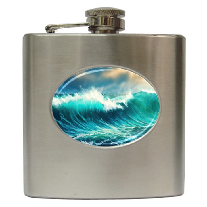 Ai Generated Waves Ocean Sea Tsunami Nautical Painting Hip Flask (6 oz)