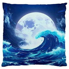 Ai Generated Waves Ocean Sea Tsunami Nautical Blue Large Premium Plush Fleece Cushion Case (two Sides) by Ravend