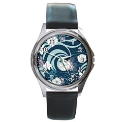 Flowers Pattern Floral Ocean Abstract Digital Art Round Metal Watch