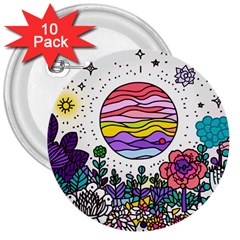 Rainbow Fun Cute Minimal Doodle Drawing Unique 3  Buttons (10 Pack)  by Ravend