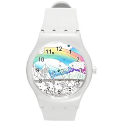 Rainbow Fun Cute Minimal Doodle Drawing Arts Round Plastic Sport Watch (m)