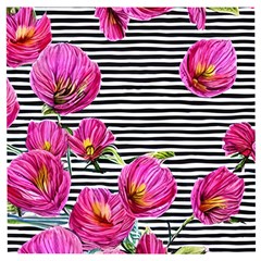 Pink Flowers Black Stripes Wooden Puzzle Square by GardenOfOphir